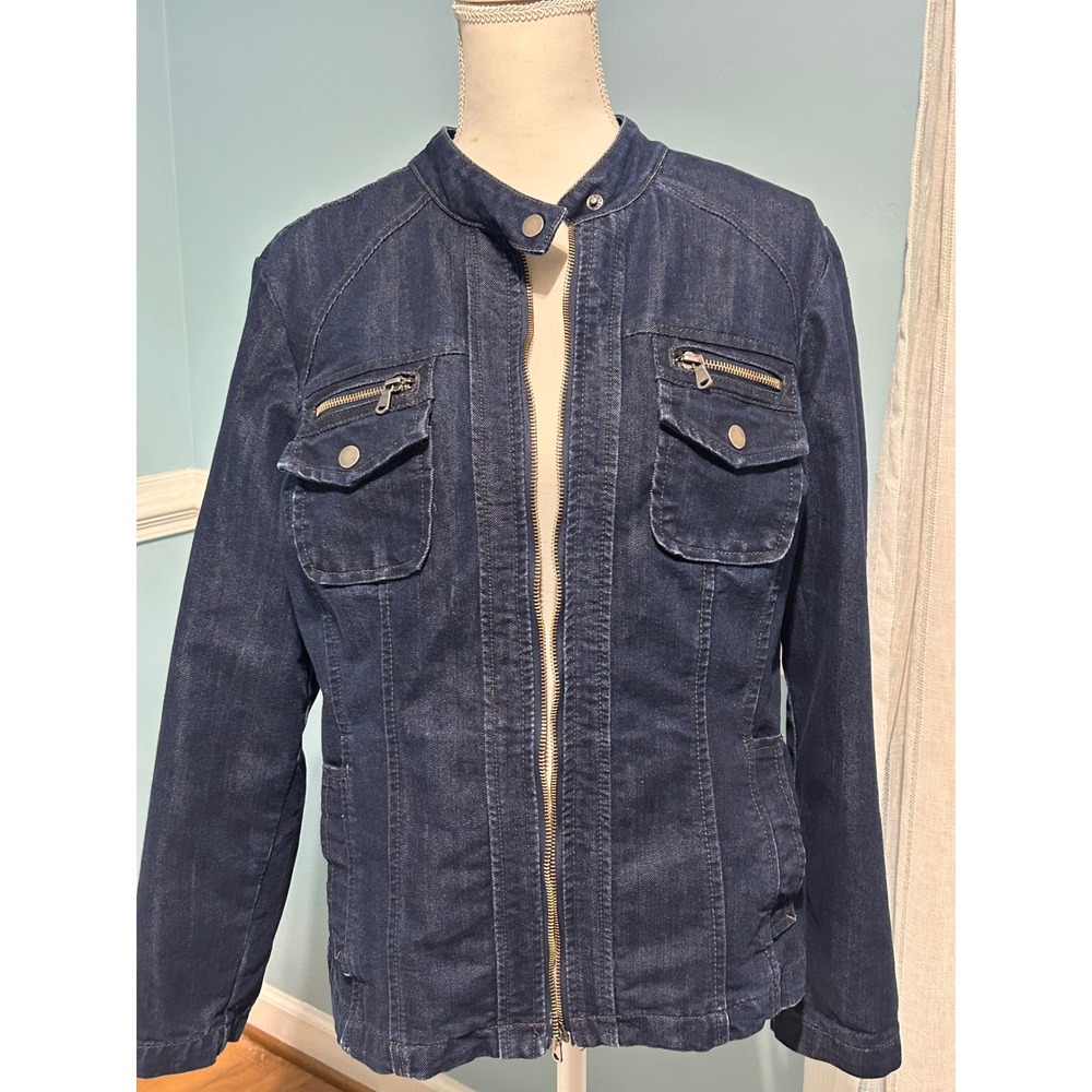 Christiana Zinn Womens 1X Dark Wash Denim Moto Jacket Zip Front Stretch Blue